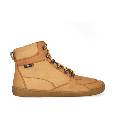 Cognac Crave Glasgow leather boots. Boots are a work-type boot with durable round yellow laces and two quick lace loops at the ankles. Right shoe is shown facing right against a white background. #color_cognac