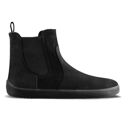 A photo of Be Lenka Entice boots made from nubuck leather and rubber soles. The boots are black in color, they are a Chelsea boot style with elastic at the sides. Right boot is shown from the right side against a white background. #color_matte-black