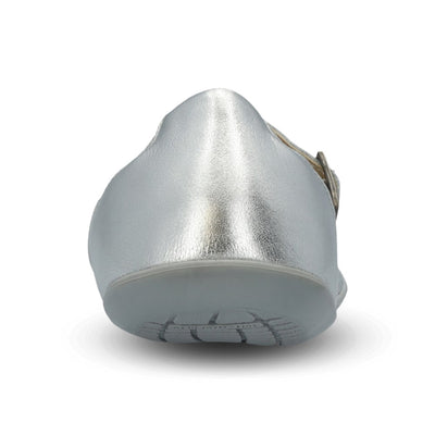 Silver Groundies Mary Jane with silver strap buckle and grey rubber soles. Right shoe is shown from behind against a white background. #color_silver