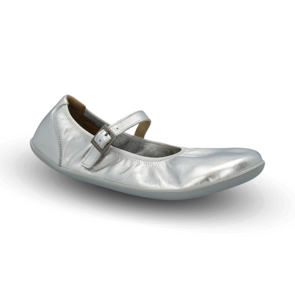 Silver Groundies Mary Jane with silver strap buckle and grey rubber soles. Right shoe is shown facing diagonally right against a white background. #color_silver