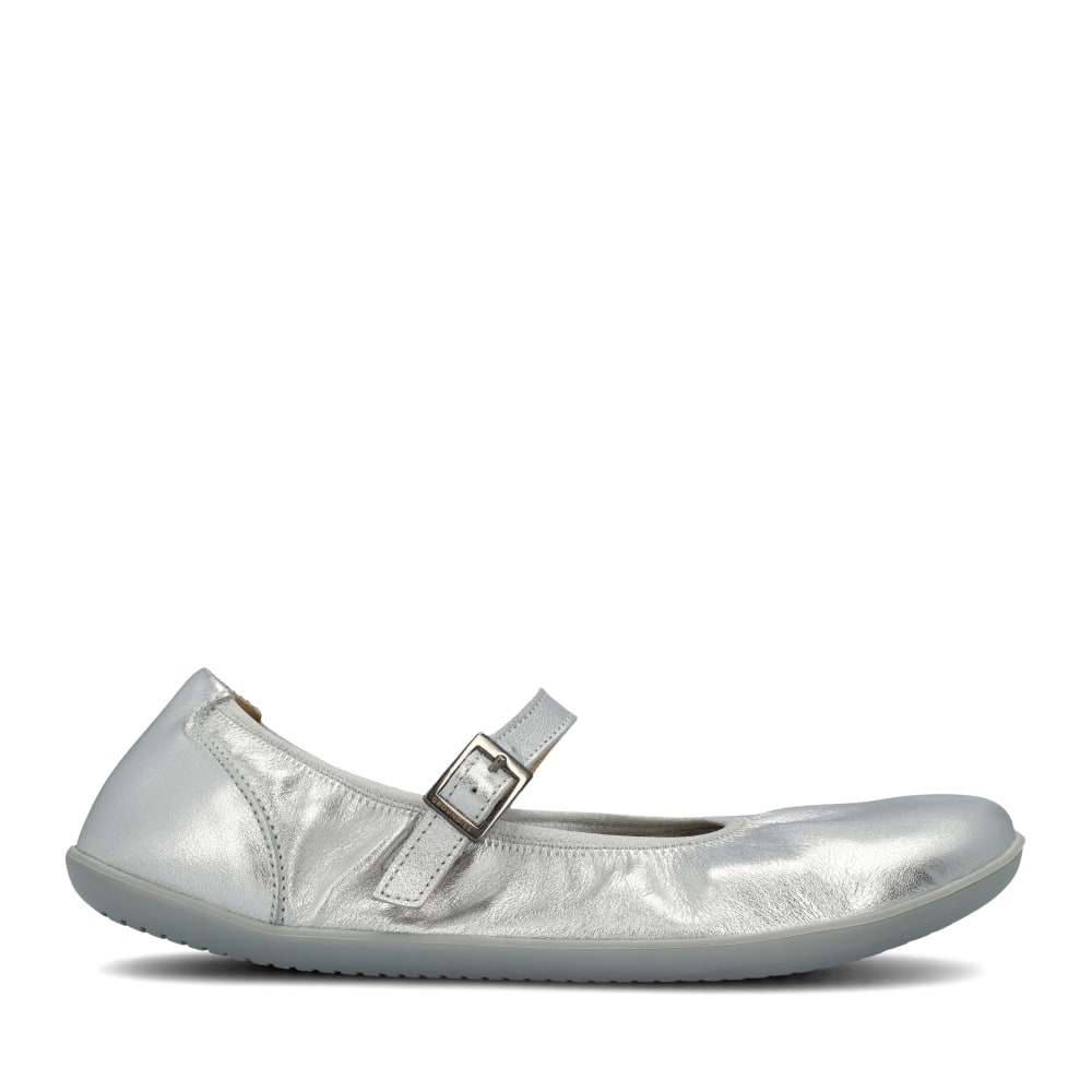 Silver Groundies Mary Jane with silver strap buckle and grey rubber soles. Right shoe is shown facing right against a white background. #color_silver