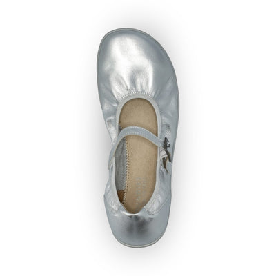 Silver Groundies Mary Jane with silver strap buckle and grey rubber soles. Right shoe is shown from above against a white background. #color_silver