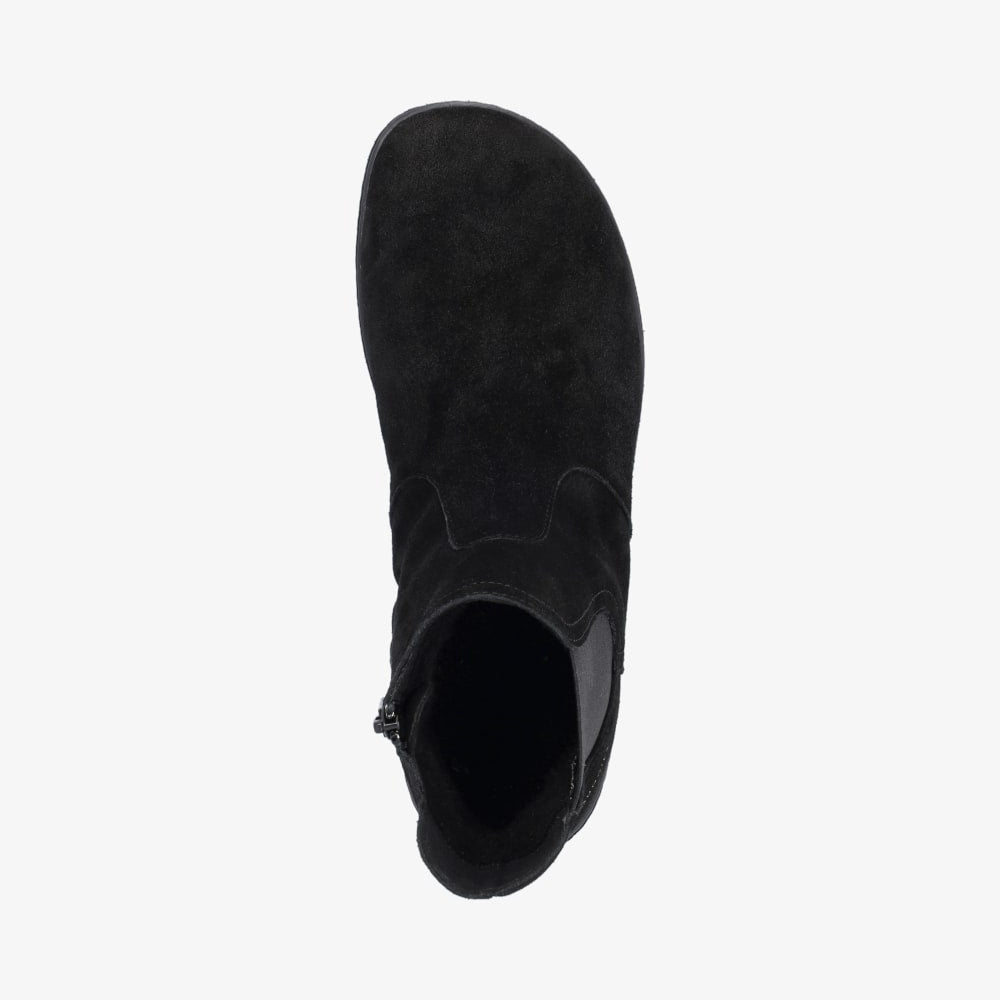 Photo 1 - A photo of Groundies Camden mid ankle boots in black. Made from leather, faux fur, and rubber soles. Elastic panels are on boths sides of the ankle at the sides and pull on tabs. Right boot is shown from the right side against a white background. Photo 2 - Right shoe is shown from the top down against a white background. #color_black