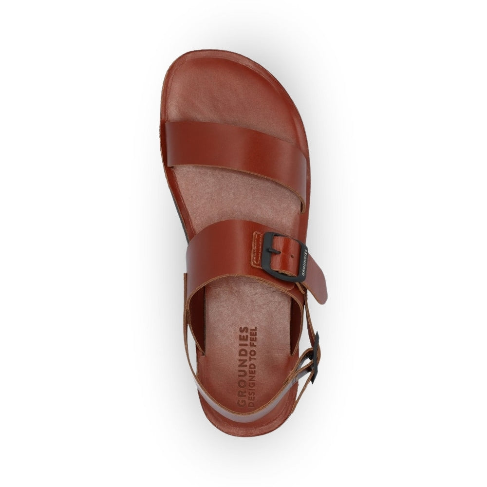 Brown leather Groundies Kos Sandals with black rubber soles. One thick strap spans across the base of the toes while another goes across the arch of the foot with a big, black buckle closure. A thinner slingback strap keeps the sandals secure to the foot also with a buckle closure. Right shoe is shown from above against a white background. #color_cognac