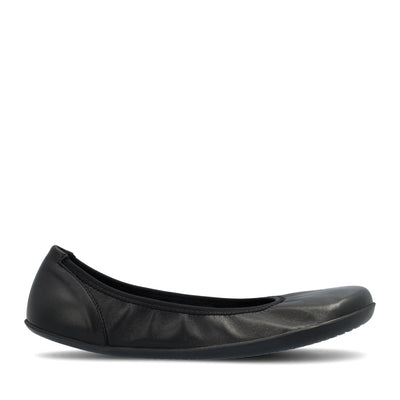 A photo of all black smooth leather Groundies Lily 2 Classic ballet flats. Right shoe is shown here facing right against a white background. #color_black