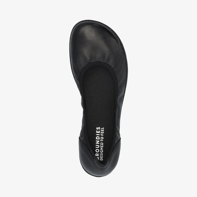 A photo of all black smooth leather Groundies Lily 2 Classic ballet flats. Right shoe is shown here from above against a white background. #color_black