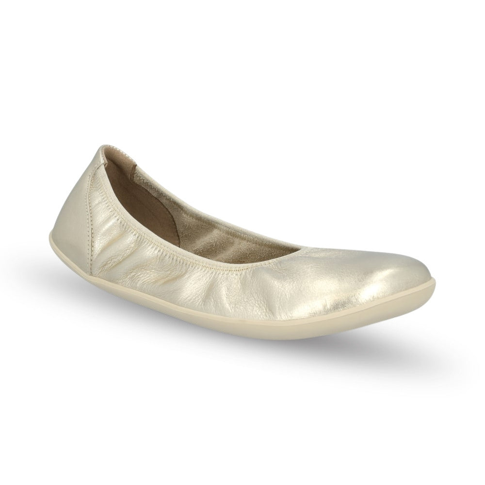 Champagne Groundies Lily 2 Classic ballet flats with an elastic opening. Right shoe is shown facing diagonally right against a white background. #color_champagne