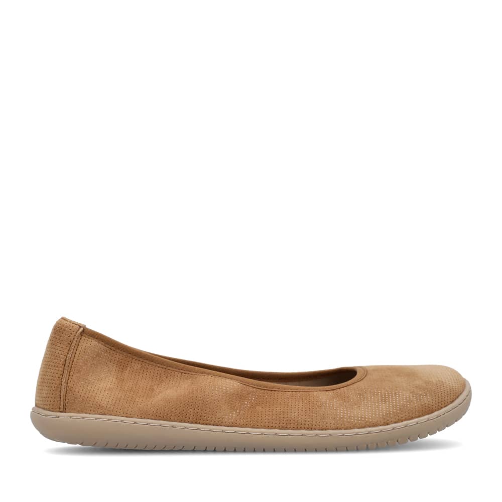 A photo of Groundies Lily Classic flats with a leather upper and tan rubber true sense soles. The flats are a perforated leather in a cognac color with trim around the tops. The interior of the flats is a light beige color. The left flat is shown from the right side against a white background. #color_cognac
