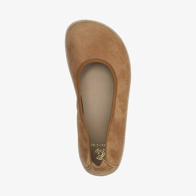 A photo of Groundies Lily Classic flats with a leather upper and tan rubber true sense soles. The flats are a perforated leather in a cognac color with trim around the tops. The right flat is shown floating facing downwards against a white background. #color_cognac