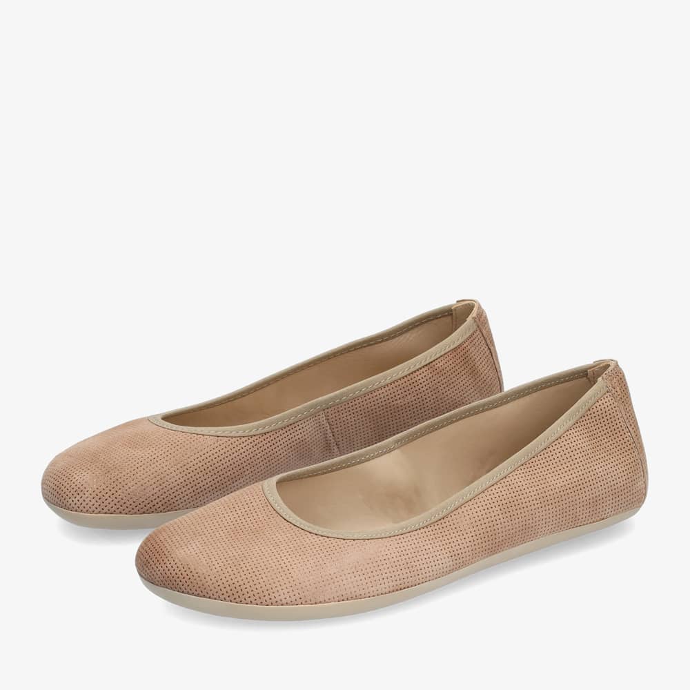 A photo of Groundies Lily Classic flats with a leather upper and tan rubber true sense soles. The flats are a perforated leather in a taupe color with trim around the tops. The interior of the flats is a light beige color. Both flats are shown beside each other facing to the left with the left flat on the outside against a white background. #color_taupe