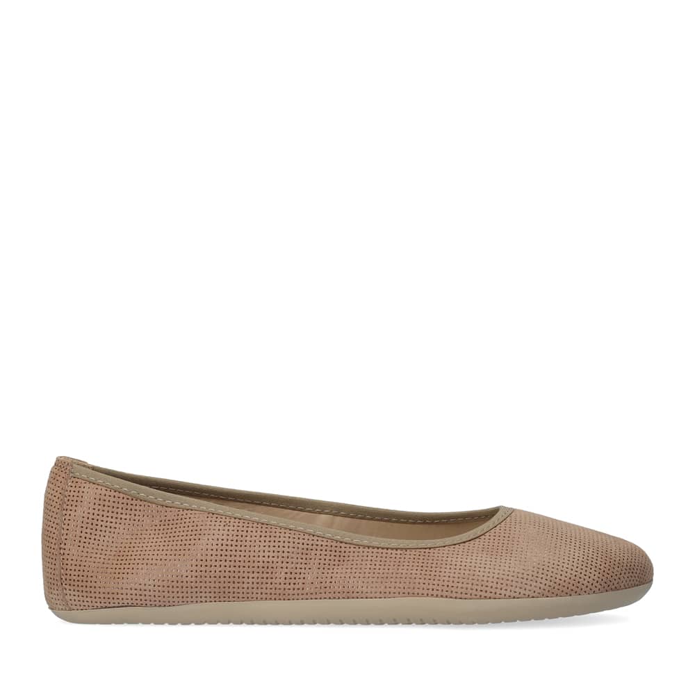 A photo of Groundies Lily Classic flats with a leather upper and tan rubber true sense soles. The flats are a perforated leather in a taupe color with trim around the tops. The interior of the flats is a light beige color. The left flat is shown from the right side against a white background. #color_taupe