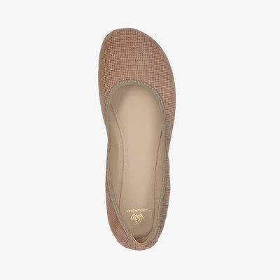 A photo of Groundies Lily Classic flats with a leather upper and tan rubber true sense soles. The flats are a perforated leather in a taupe color with trim around the tops. The right flat is shown floating facing downwards against a white background. #color_taupe