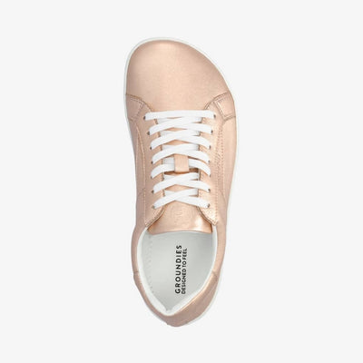 A photo of groundies melbourne shoe in metallic rose gold. Right shoe is shown from the top down against a white background. #color_metallic-rose