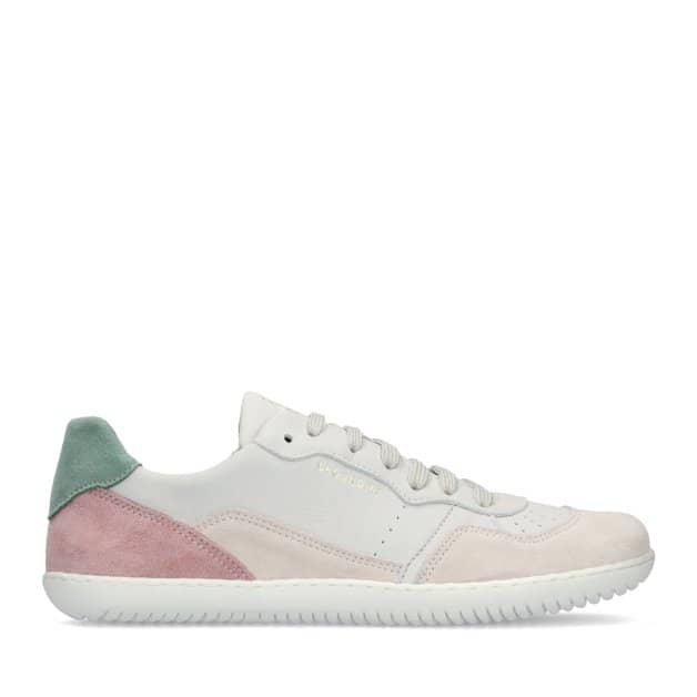 A photo of Groundies Nova GO1 Sneakers made with soft leather and white rubber soles. The sneakers have Beige, Green, and Pink color blocks. Right shoe is shown on the right side against a white background in this photo. #color_beige-green-pink