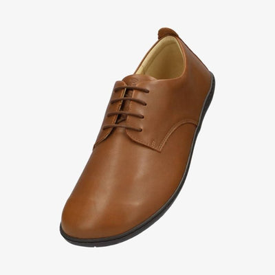 A photo of Groundies Palermo dress shoes made of leather upper and rubber soles. The shoes are a brown color with black soles and dress sole detailing by the laces. The left shoe is shown from above against a white background. #color_brown