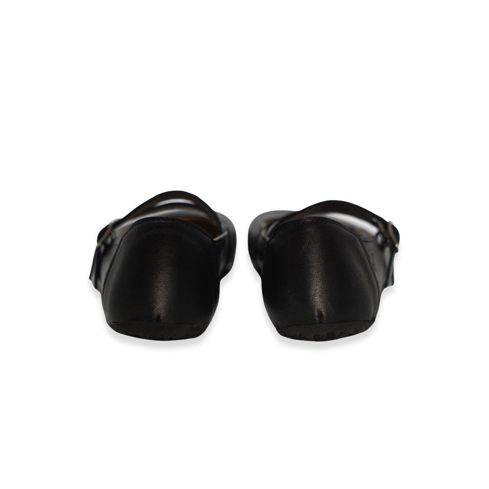 Black leather Villet Mary Jane flats with double straps with silver buckle closures, tan leather lining, and black rubber soles. Both shoes are shown from the back against a white background. #color_black-smooth