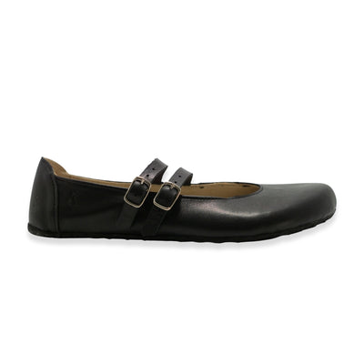 Black leather Villet Mary Jane flats with double straps with silver buckle closures, tan leather lining, and black rubber soles. Right shoe is shown facing right against a white background. #color_black-smooth