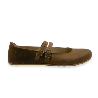 Brown nubuck leather Villet Mary Jane flats with double straps with silver buckle closures, tan leather lining, and tan rubber soles. Right shoe is shown facing right against a white background. #color_brown-nubuck