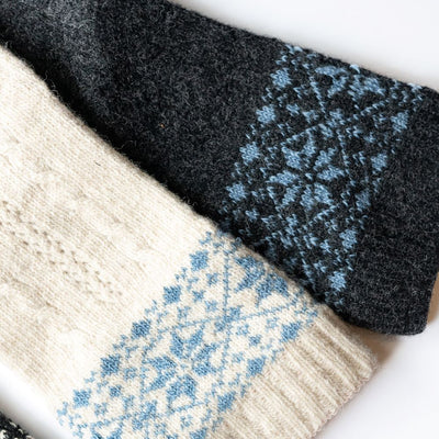 A photo of anthracite and blue knitted toe socks, they have blue detailed snowflake design around the mid-calf. One sock in the beige/blue color is shown and one sock in the anthracite/blue color is laying stacked with it up close against a white background. #color_anthracite-light-blue 