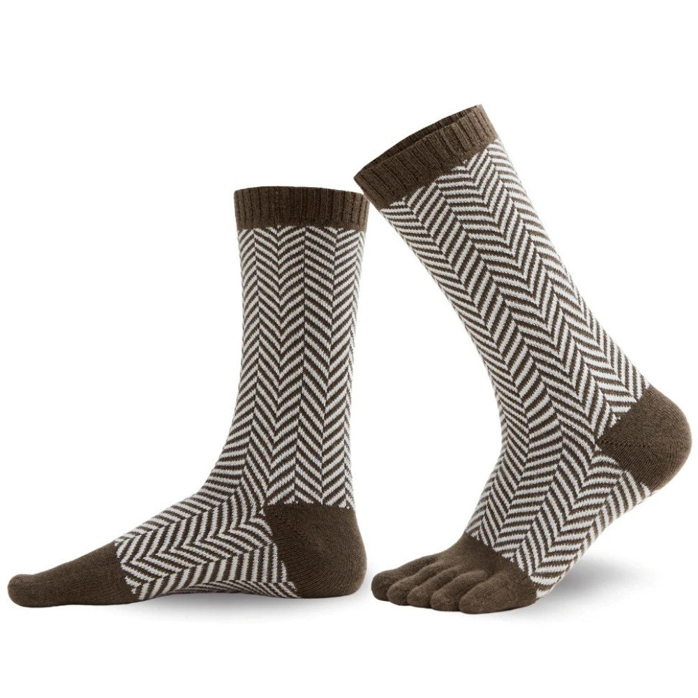 Khaki and White Knitido Sill houndstooth patterned crew cut toe socks with a dark khaki color block at the toes, heels, and top of the socks. Right sock is shown facing left with the left sock bent behind it against a white background. #color_khaki-white