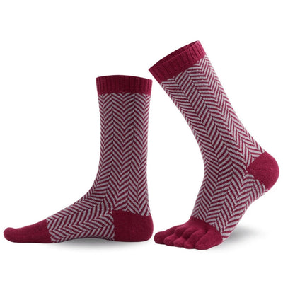 Wine Red and Light Grey Knitido Sill houndstooth patterned crew cut toe socks with a wine red color blocks at the toes, heels, and top of the socks. Right sock is shown facing left with the left sock bent behind it against a white background. #color_wine-red-light-grey