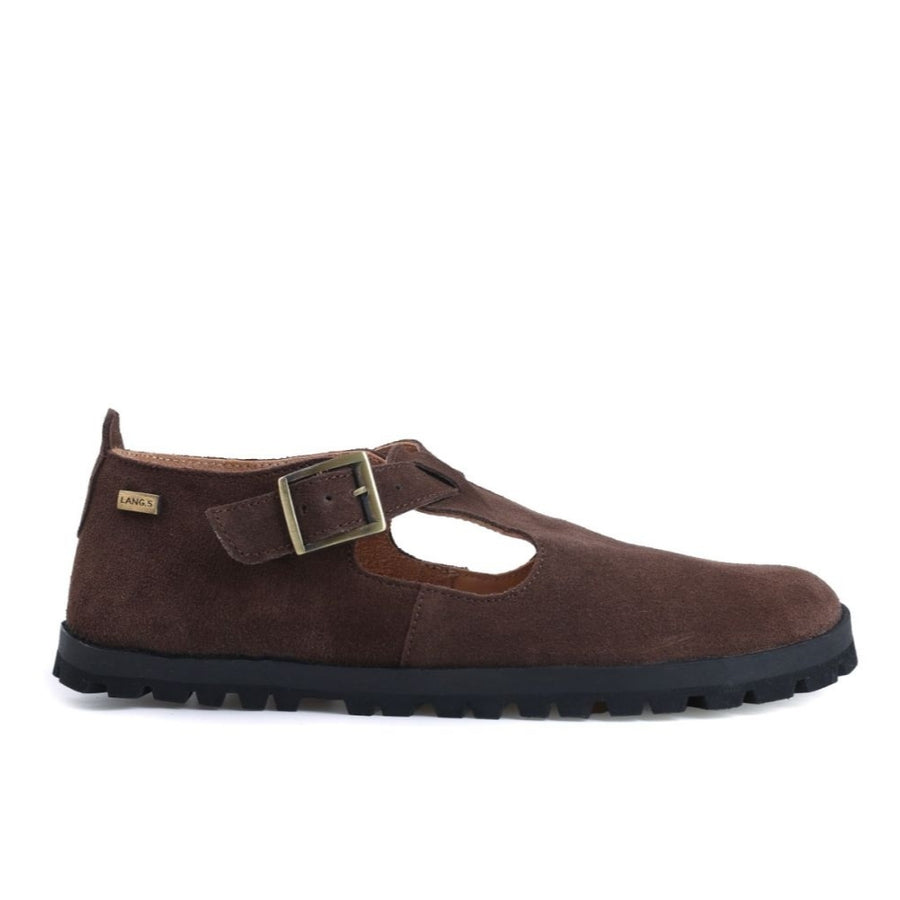 A brown, suede t-bar flat with tan lining, a gold buckle, thick black soles, and a small pull tab in the back. Right shoe is shown facing right against a white background. #color_brown