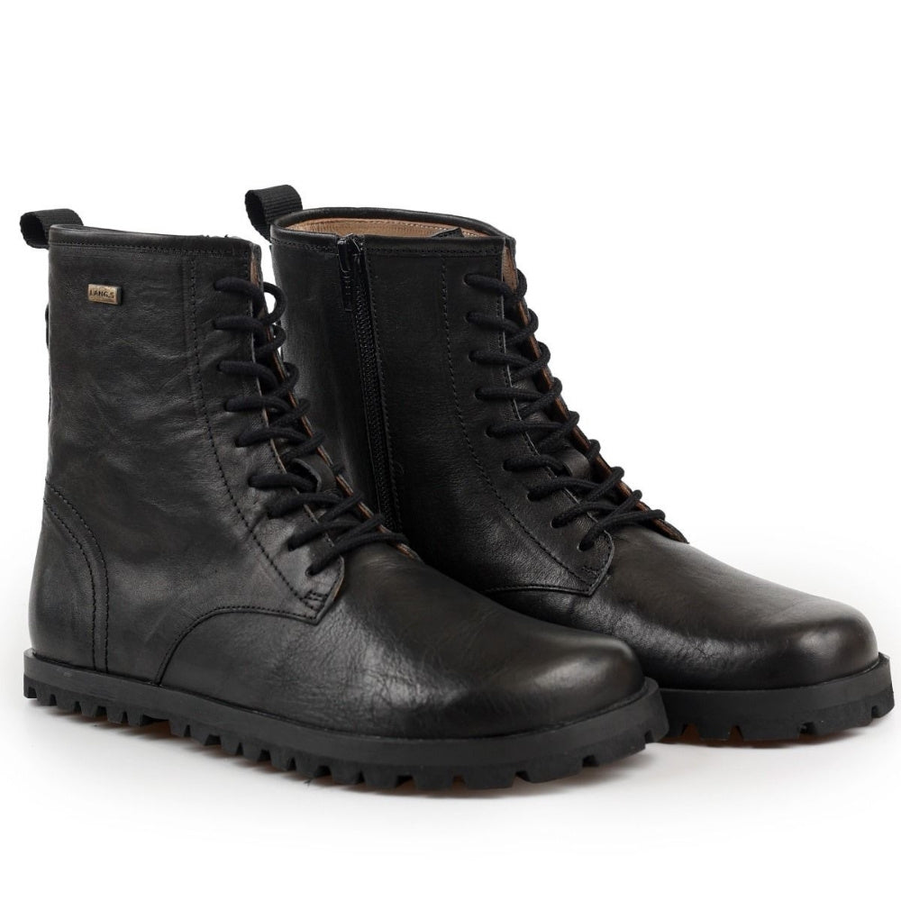 Black, smooth leather Lang.S Kombat boot, with round black laces, a pull tab, zipper, and chinky black soles. Both shoes are shown facing diagonally right against a white background. #color_black