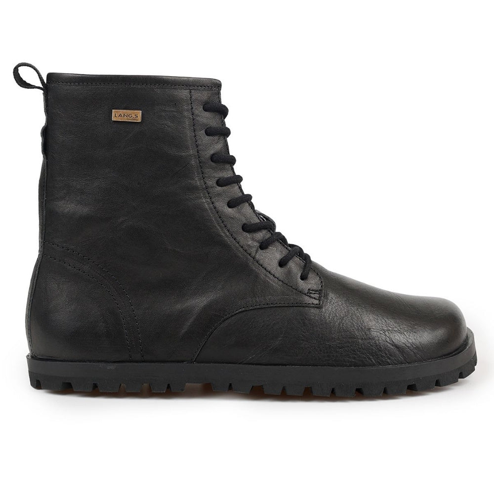 Black, smooth leather Lang.S Kombat boot, with round black laces, a pull tab, zipper, and chinky black soles. Right shoe is shown facing right against a white background. #color_black