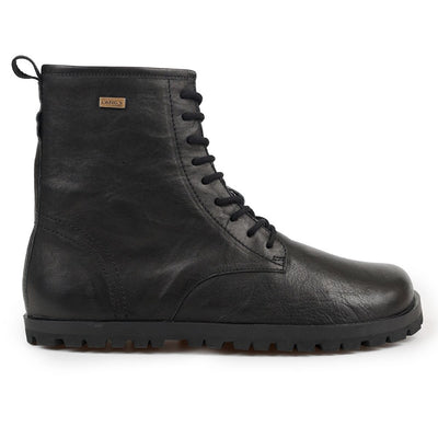 Black, smooth leather Lang.S Kombat boot, with round black laces, a pull tab, zipper, and chinky black soles. Right shoe is shown facing right against a white background. #color_black