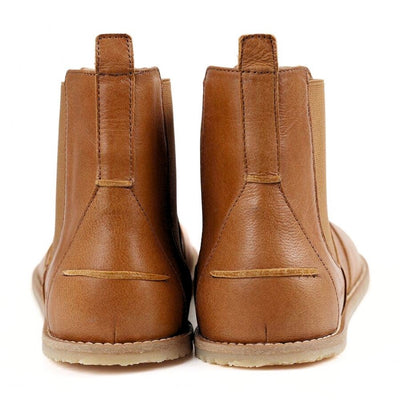 Brown leather Lang.S Luna Chelsea boots with a pull tab, tan interior leather, and tan rubber. Both boots are shown from behind against a white background. #color_brown