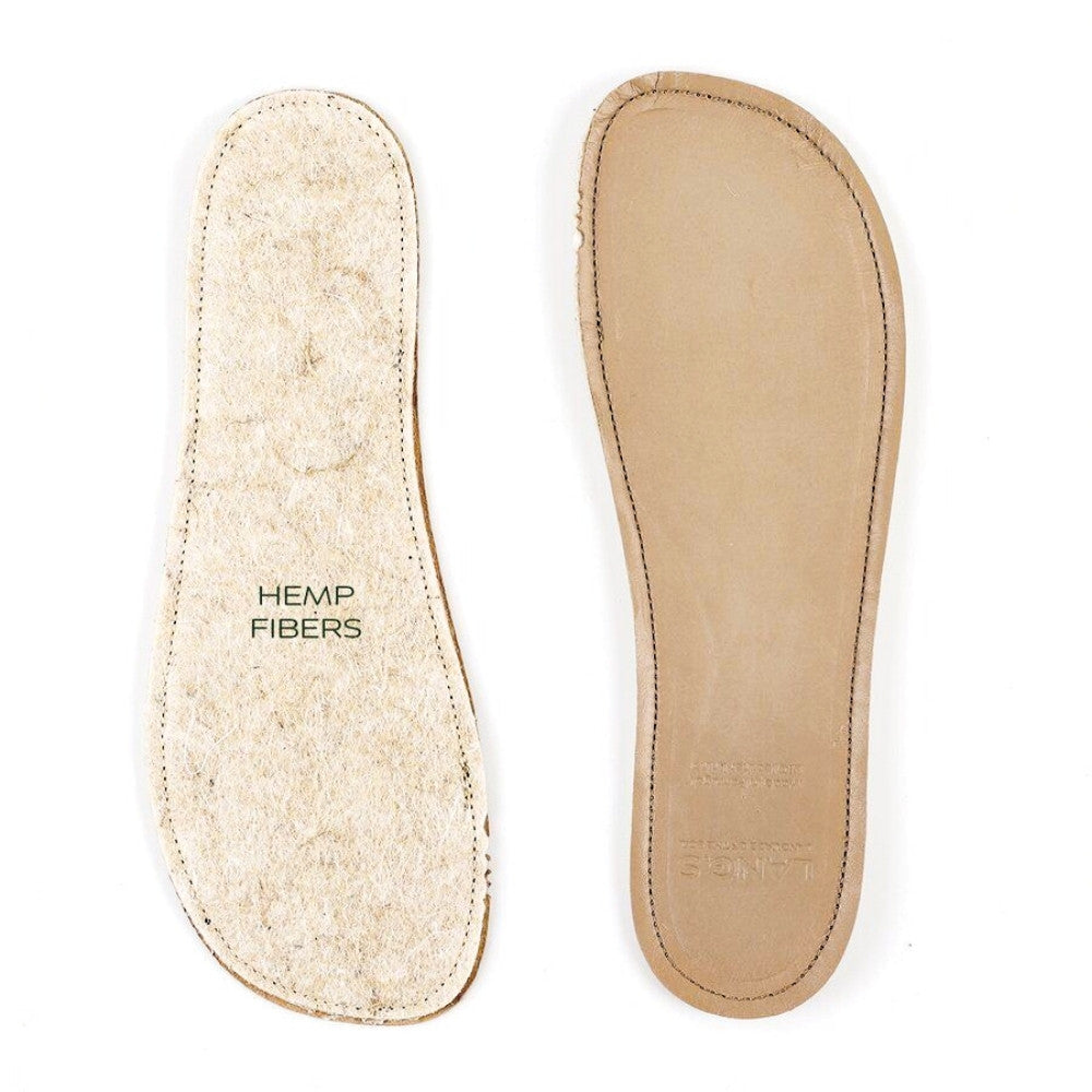 Two leather and hemp Lang.S insoles shown from above. Left insole is upside-down showing the hemp while right insole is right side up showing the leather. #color_brown