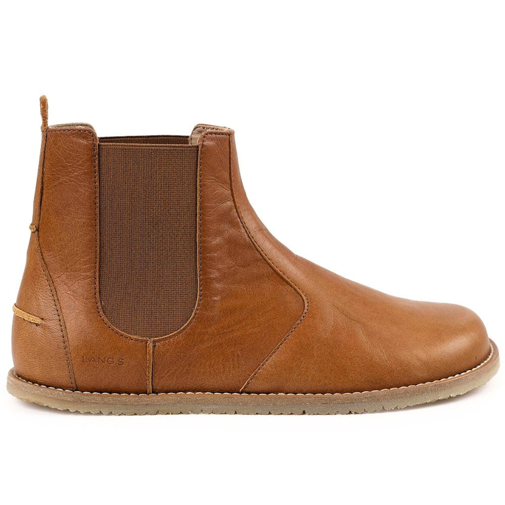 Brown leather Lang.S Luna Chelsea boots with a pull tab, tan interior leather, and tan rubber. Right boot is shown facing right against a white background. #color_brown