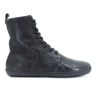 Black, leather, wool-lined Mukishoes Igneous combat-style, zip-up boots. Right shoe is shown facing right against a white background. #color_black