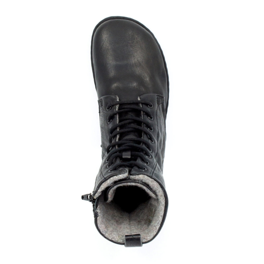 Black, leather, wool-lined Mukishoes Igneous combat-style, zip-up boots. Right shoe is shown here from above against a white background. #color_black