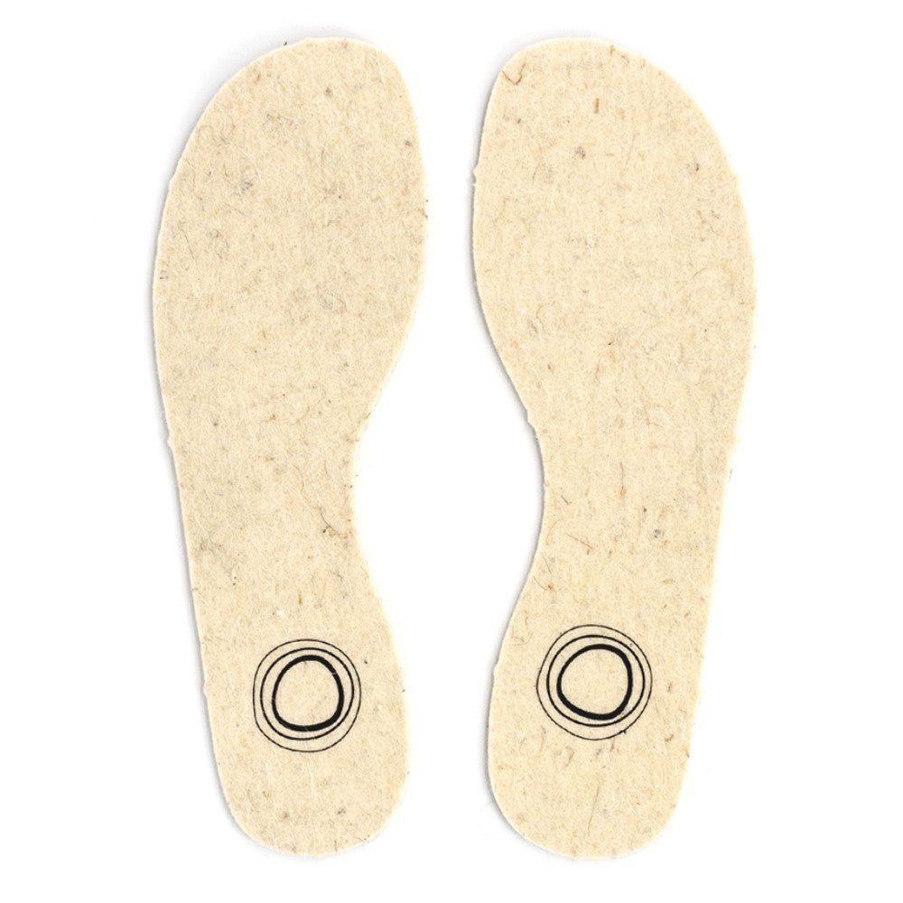 Two cream wool and hemp fiber insoles with the Mukishoes logo at the heel shown from above against a white background.