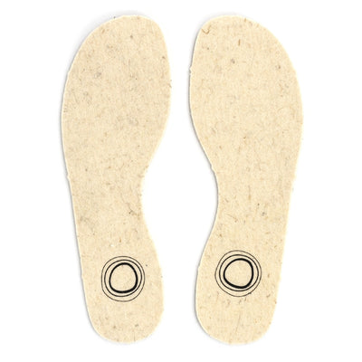 Two cream wool and hemp fiber insoles with the Mukishoes logo at the heel shown from above against a white background.