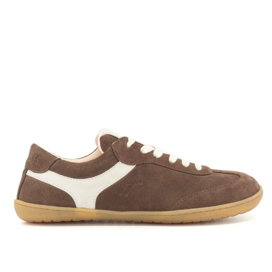 Brown (Rheia), suede Lyra Mukishoes sneakers with cream laces, a cream Y shape design below the ankle, and a natural rubber sole. Right shoe is shown here facing right against a white background. #color_rheia
