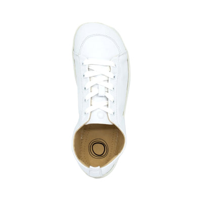 A photo of white Mukishoes Raw Leather Cloud sneakers. Shoes are simple in design, have a pull tab on the back, and tan leather lining. Right shoe is shown here from above against a white background. #color_raw-leather-cloud