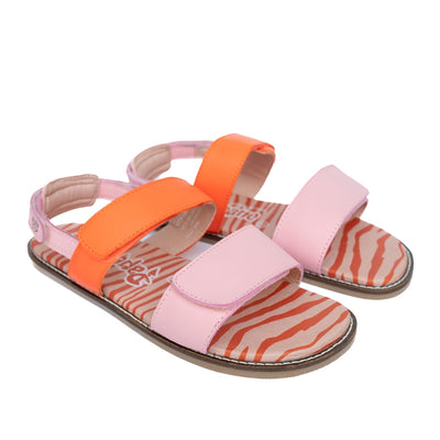 Orange and Pink So Wild PaperKrane leather sandals. Front strap over the ball of the foot and heel straps are pink and thinner strap over the arch is a reddish orange. Sole is an orange and red zebra print. Both shoes are shown facing diagonally right against a white background. #color_orange-pink