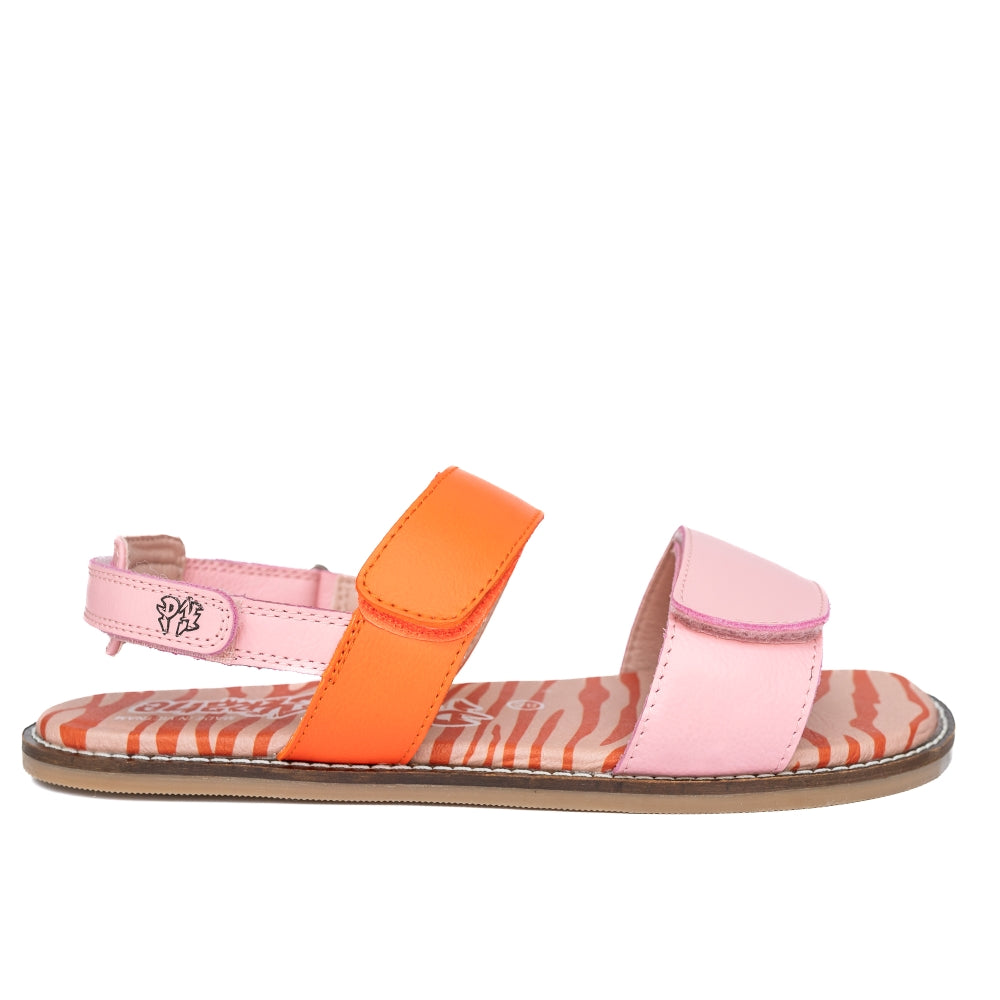 Orange and Pink So Wild PaperKrane leather sandals. Front strap over the ball of the foot and heel straps are pink and thinner strap over the arch is a reddish orange. Sole is an orange and red zebra print. Right shoe is shown facing right against a white background. #color_orange-pink