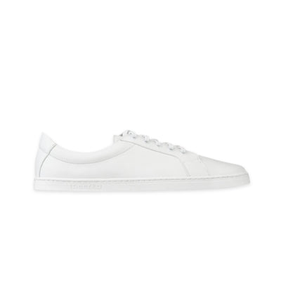 All white Peerko Classic simple leather sneakers. Right shoe is shown facing right against a white background. #color_white