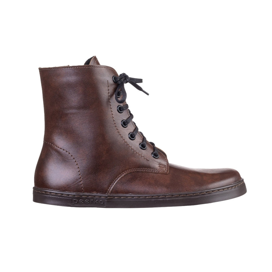 A photo of Brandy Peerko Go combat boots made with smooth leather, fleece, and rubber soles. The boots are fleece lined, with a zipper at the side. Right boot is shown facing right against a white background. #color_brandy