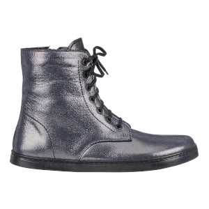 Dark silver leather Peerko Go combat boots made with fleece lining, a black zipper, black laces, and black rubber soles. Right boot is shown facing right against a white background. #color_cosmic-silver
