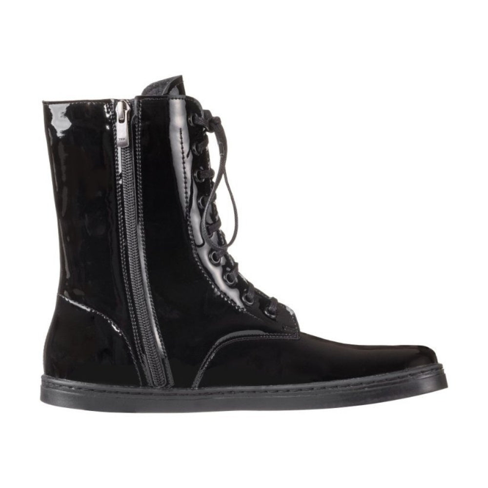 Black Peerko Pulse unlined patent leather combat boots with a side zipper. Left boot is shown facing right against a white background. #color_black