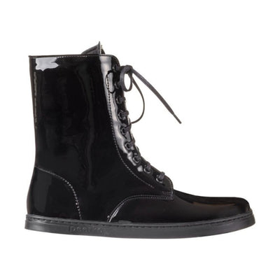 Black Peerko Pulse unlined patent leather combat boots with a side zipper. Right boot is shown facing right against a white background. #color_black