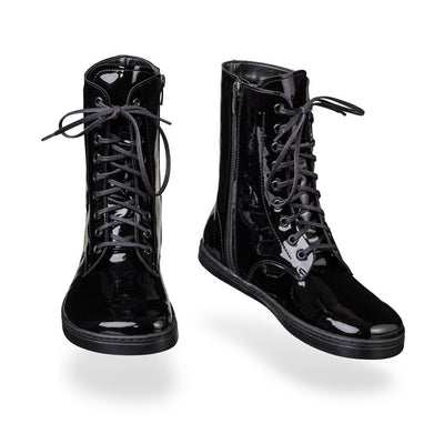 Black Peerko Pulse unlined patent leather combat boots. Both boots are shown floating against a white background. Left shoe is shown from the front and the right shoe is facing diagonally right. #color_black