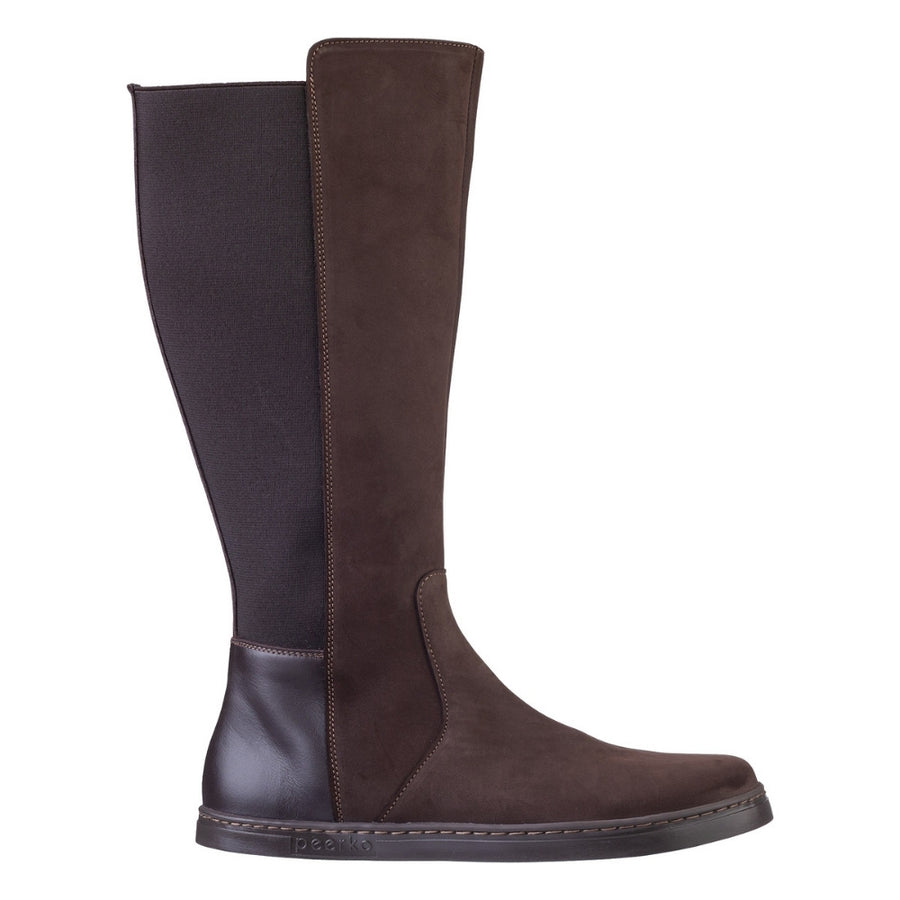 Peerko Regina 2 brown regular knee-high boot in profile, featuring elastic side panel, pull tab, and “peerko” embossed on the black sole. #color_brown