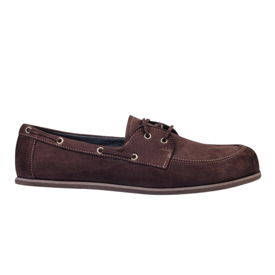 Brown colored nubuck leather Peerko Tala boat shoes with brown leather laces on and around the foot, and brown rubber soles. Right shoe is shown facing right against a white background. #color_brown