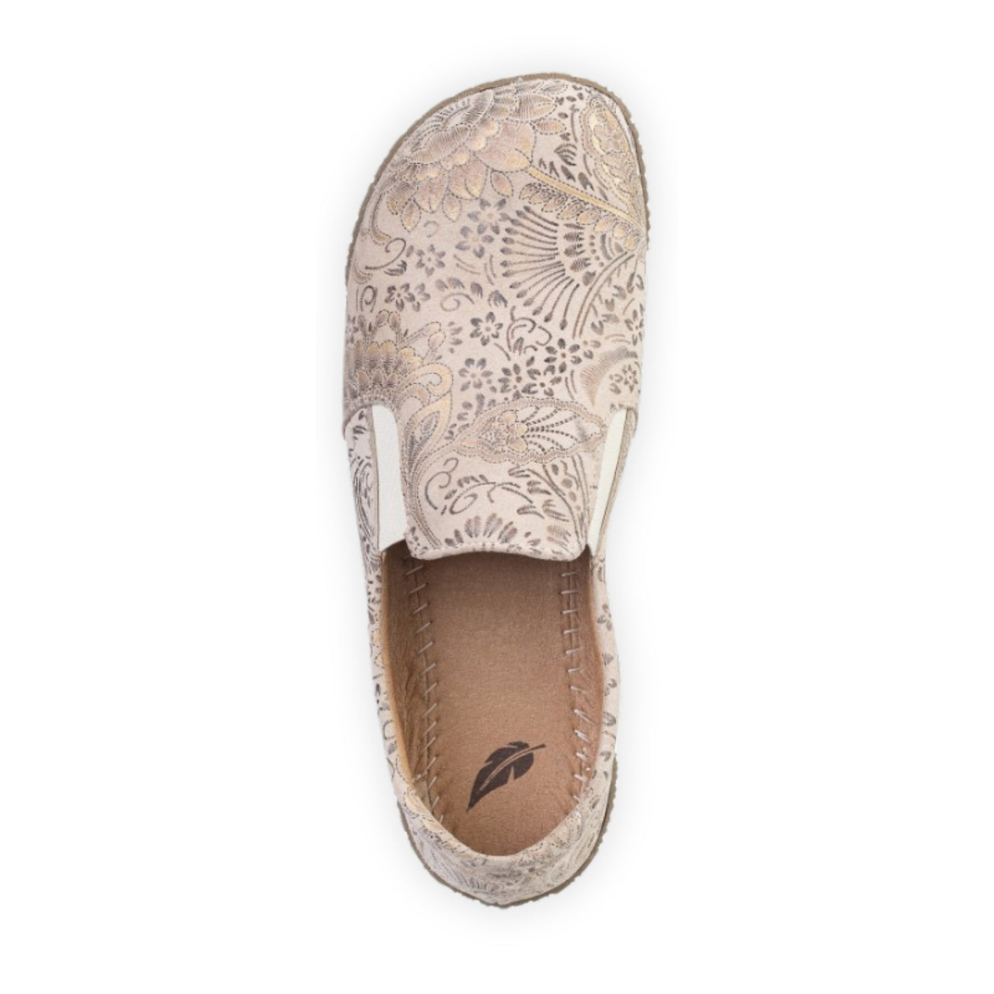 Light tan Peerko Trim leather loafer with a metallic floral pattern, tan rubber soles, and two small elastic pannels. Left shoe is shown from above on a white background. #color_savana