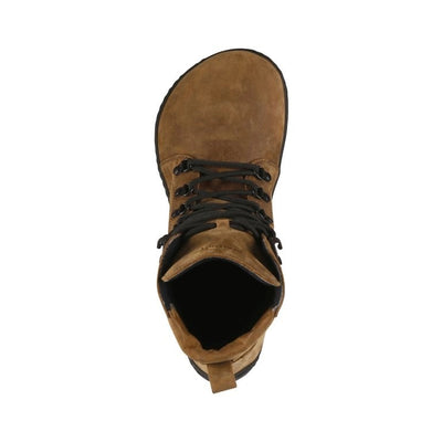 Light Brown shearling-lined leather Realfoot Farmer Winter boots with black laces, eyelets, and soles. Boots go over the ankle with padding and a pull tab in the back and a longer tongue. Two quick lace hooks are at the top of the laces and soles are stitched and glued. Left shoe is shown from above against a white background. #color_light-brown